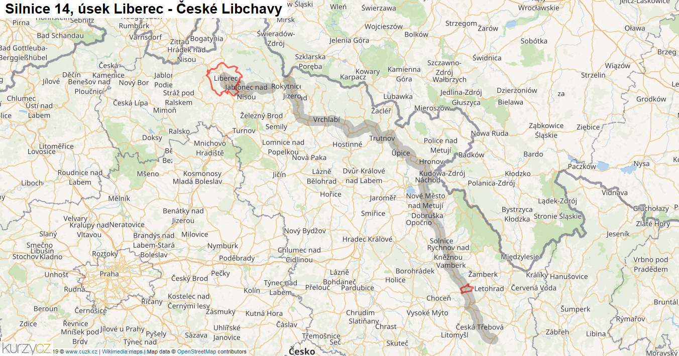 Úsek Liberec - České Libchavy, Silnice 14 - Mapa