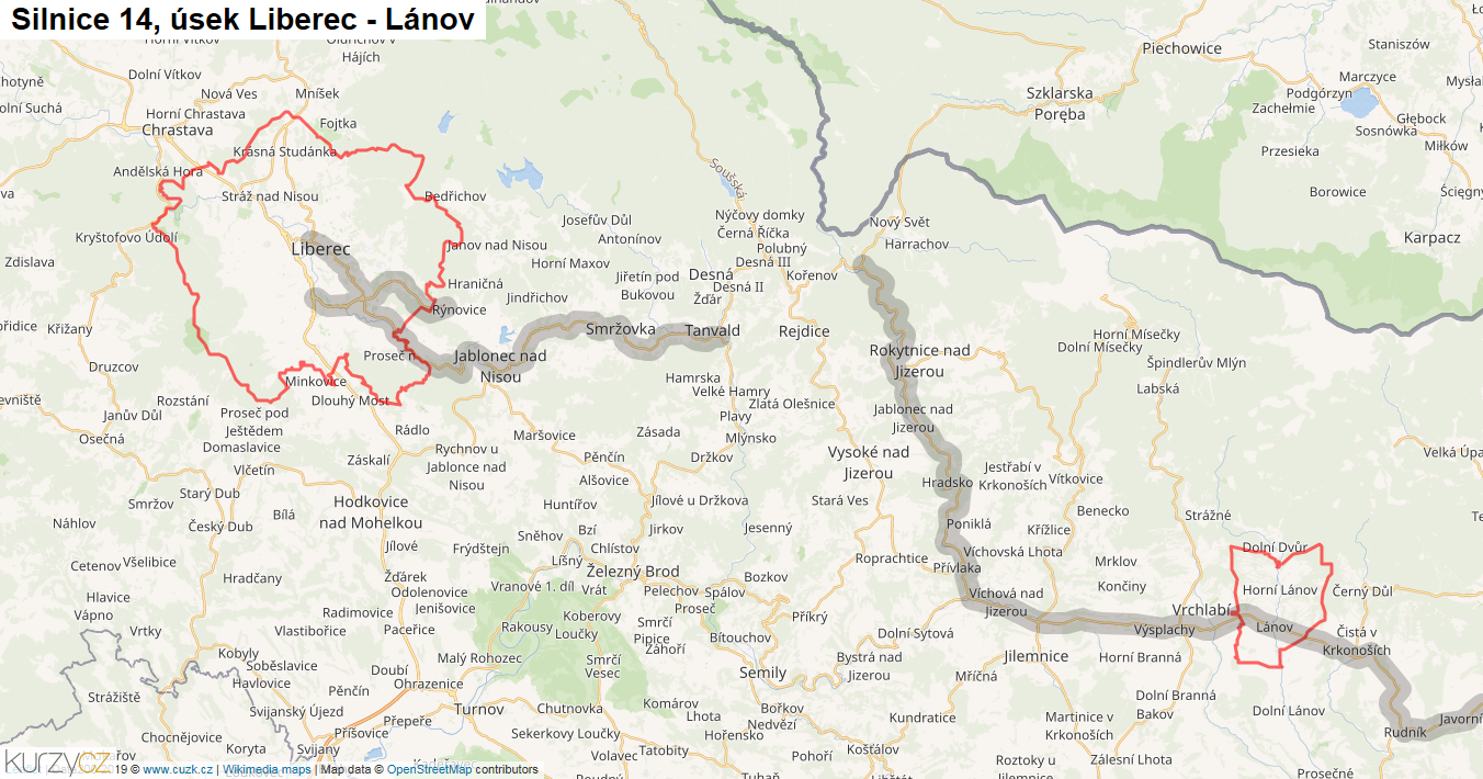 Úsek Liberec - Lánov, Silnice 14 - Mapa