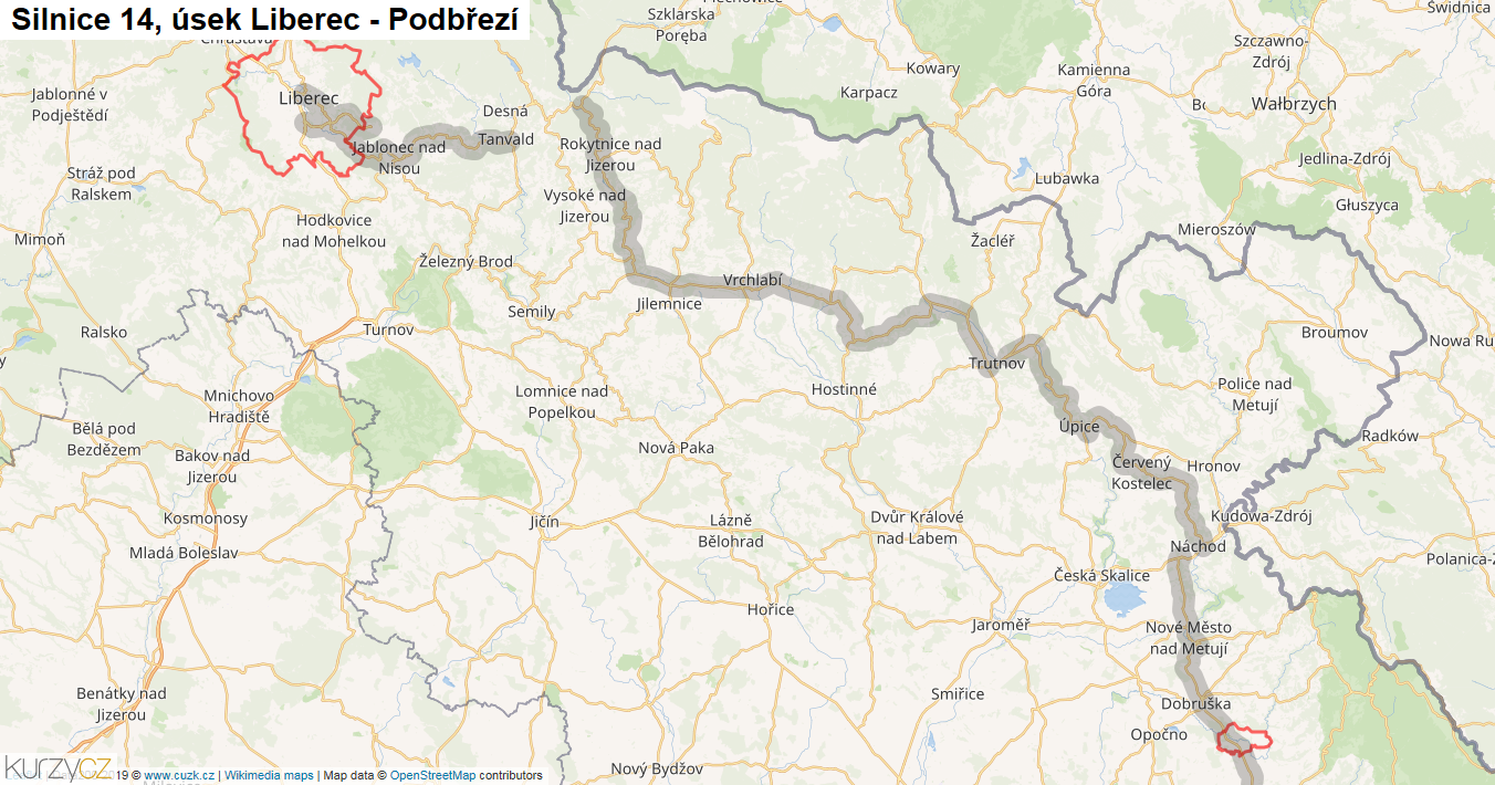 Úsek Liberec - Podbřezí, Silnice 14 - Mapa
