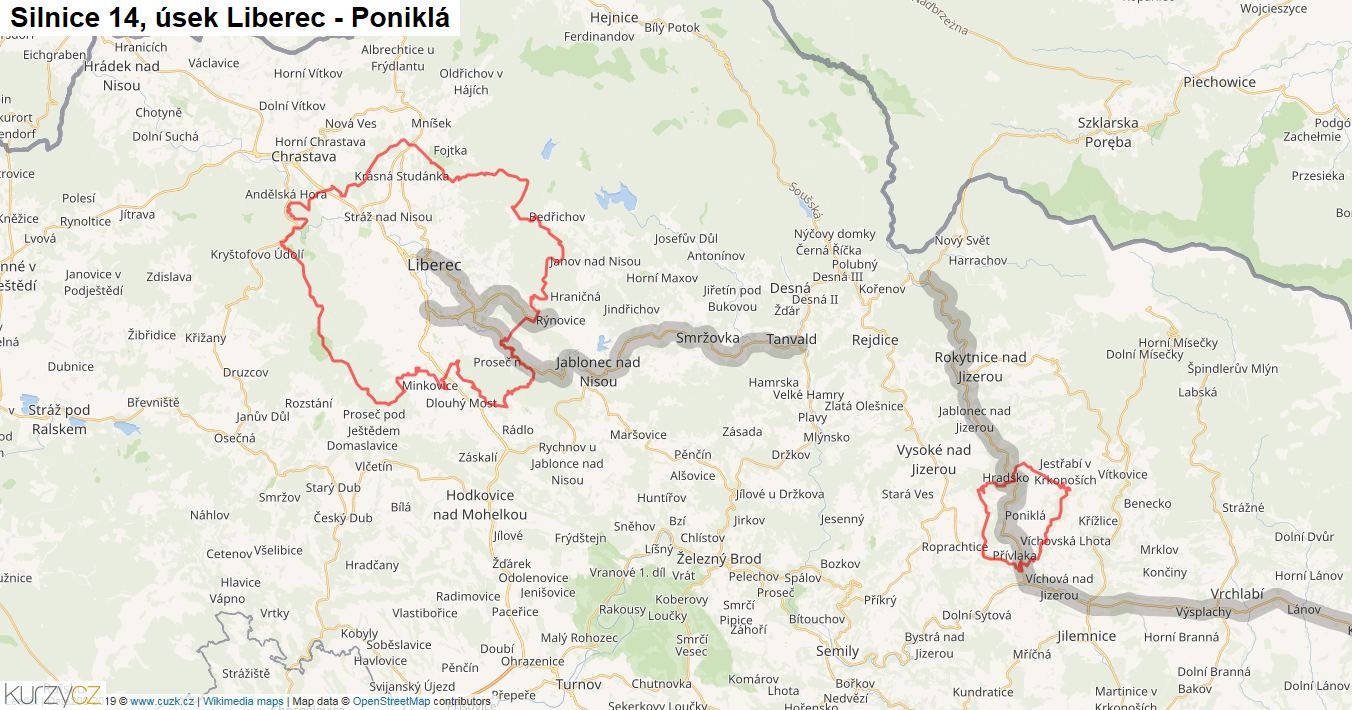 Úsek Liberec - Poniklá, Silnice 14 - Mapa