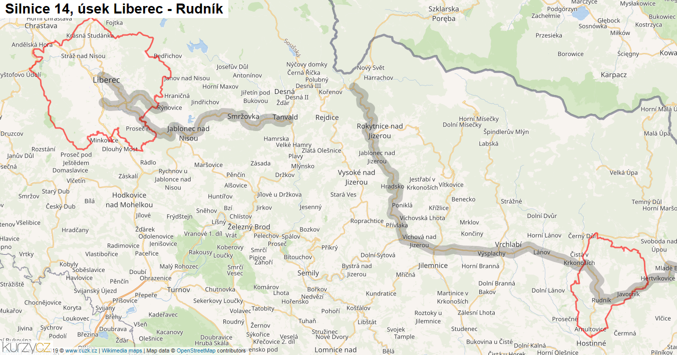 Úsek Liberec - Rudník, Silnice 14 - Mapa