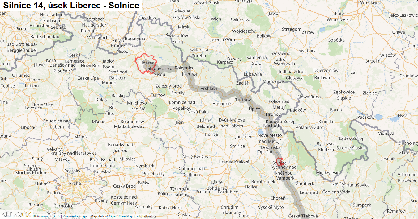Úsek Liberec - Solnice, Silnice 14 - Mapa