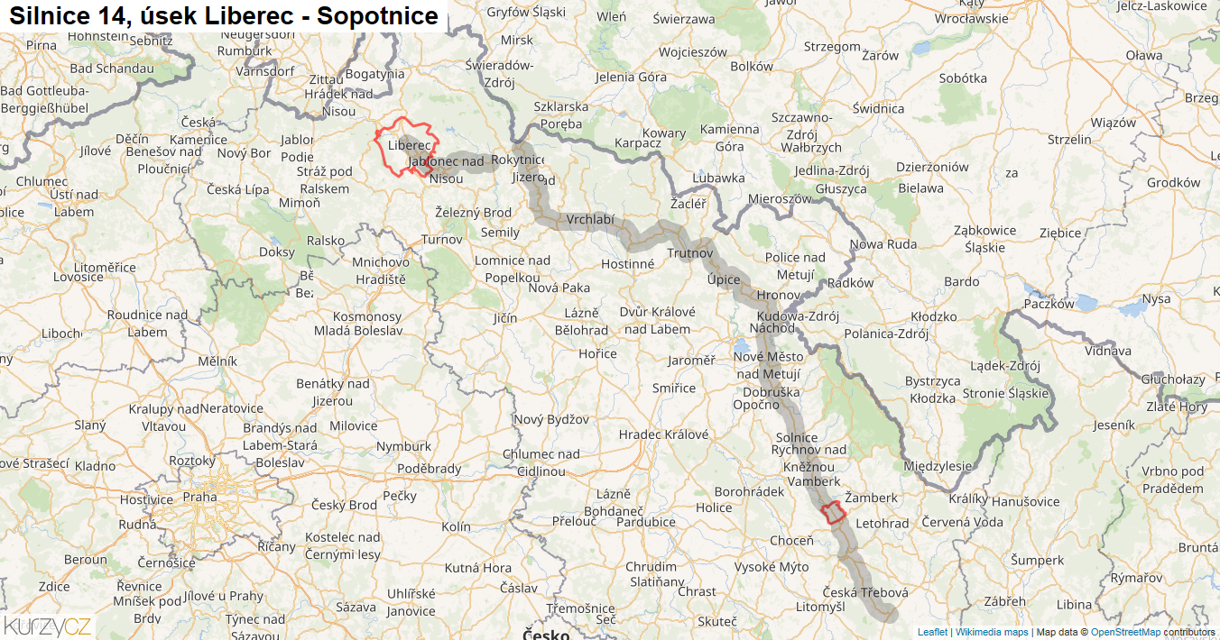 Úsek Liberec - Sopotnice, Silnice 14 - Mapa