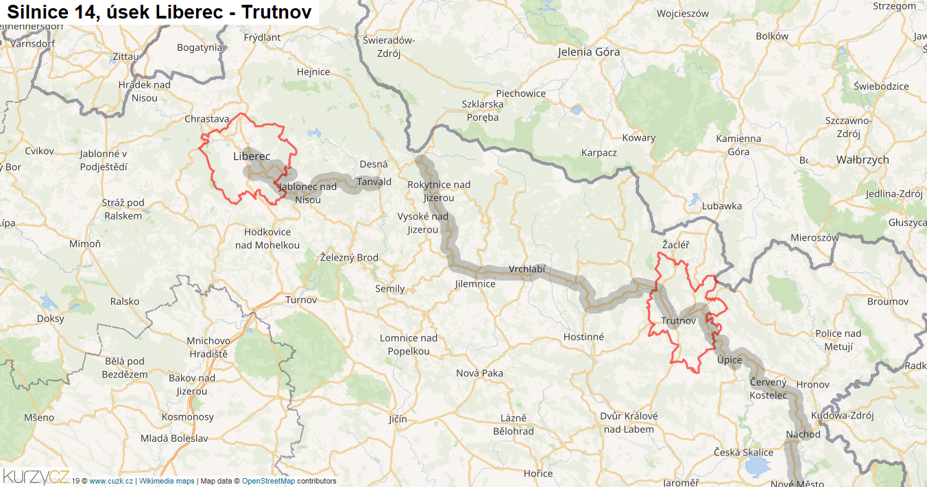 Úsek Liberec - Trutnov, Silnice 14 - Mapa