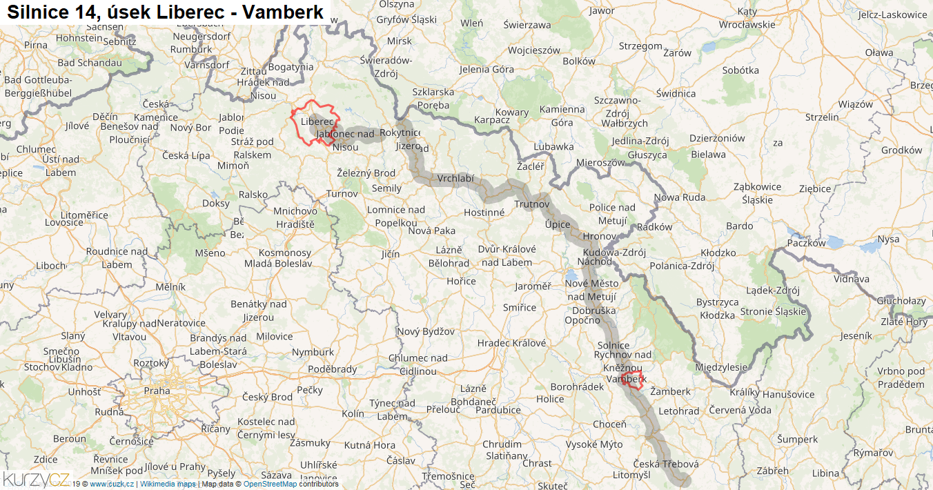 Úsek Liberec - Vamberk, Silnice 14 - Mapa