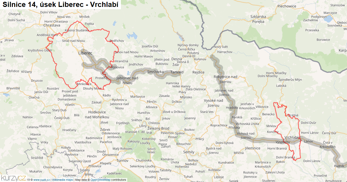 Úsek Liberec - Vrchlabí, Silnice 14 - Mapa