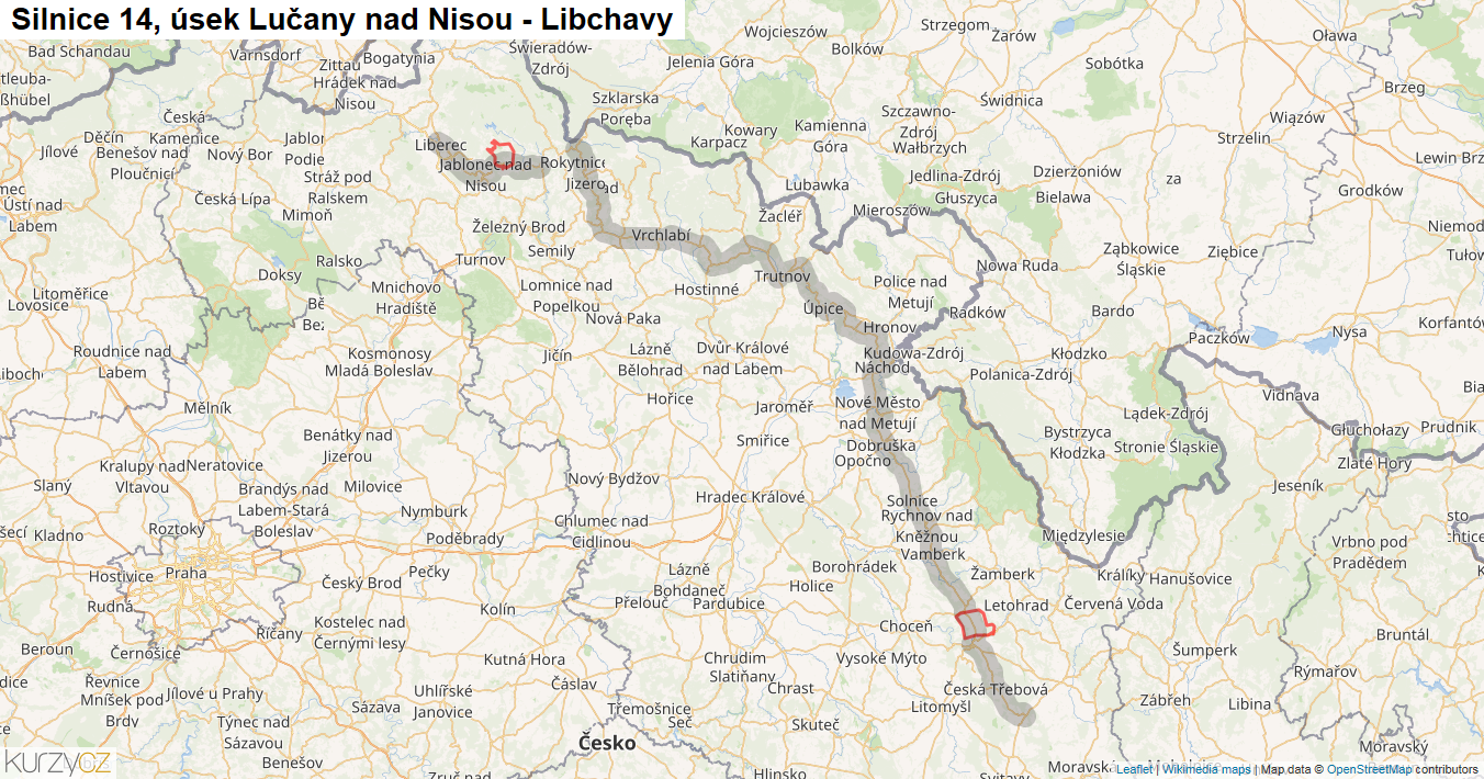 Úsek Lučany nad Nisou - Libchavy, Silnice 14 - Mapa