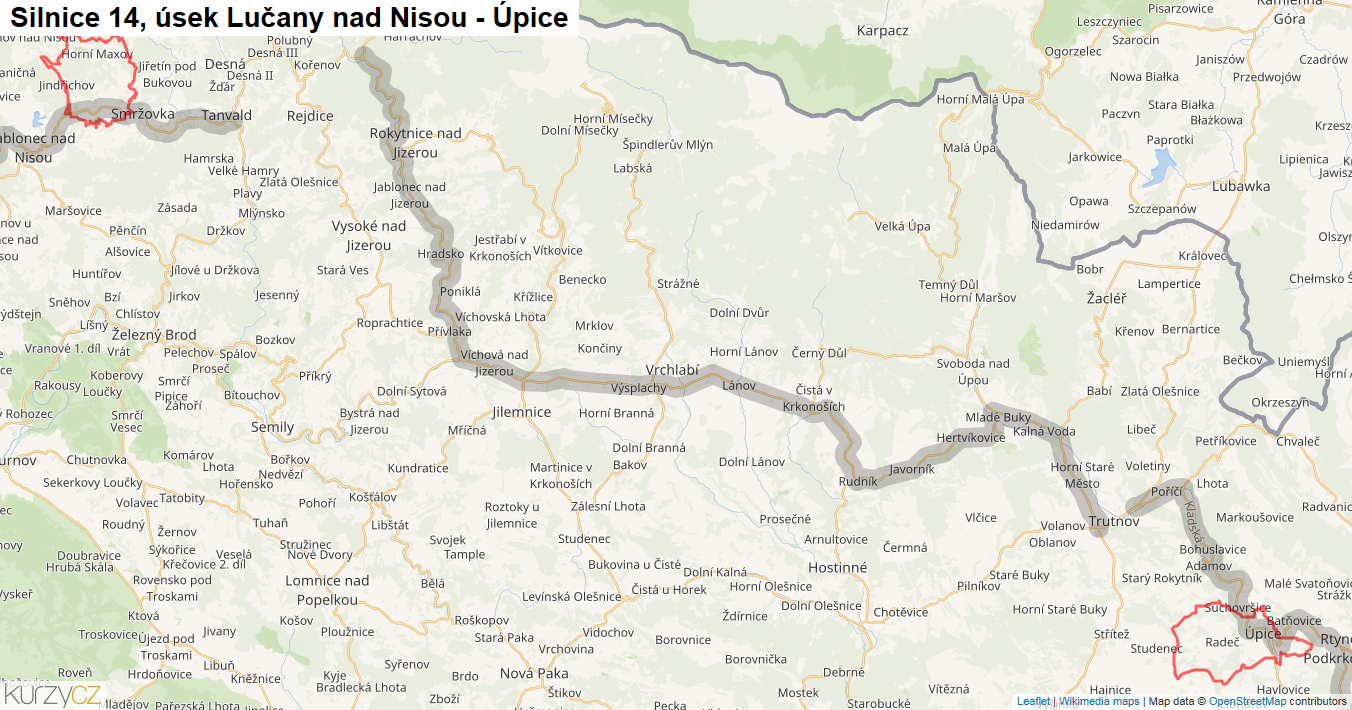 Úsek Lučany nad Nisou - Úpice, Silnice 14 - Mapa