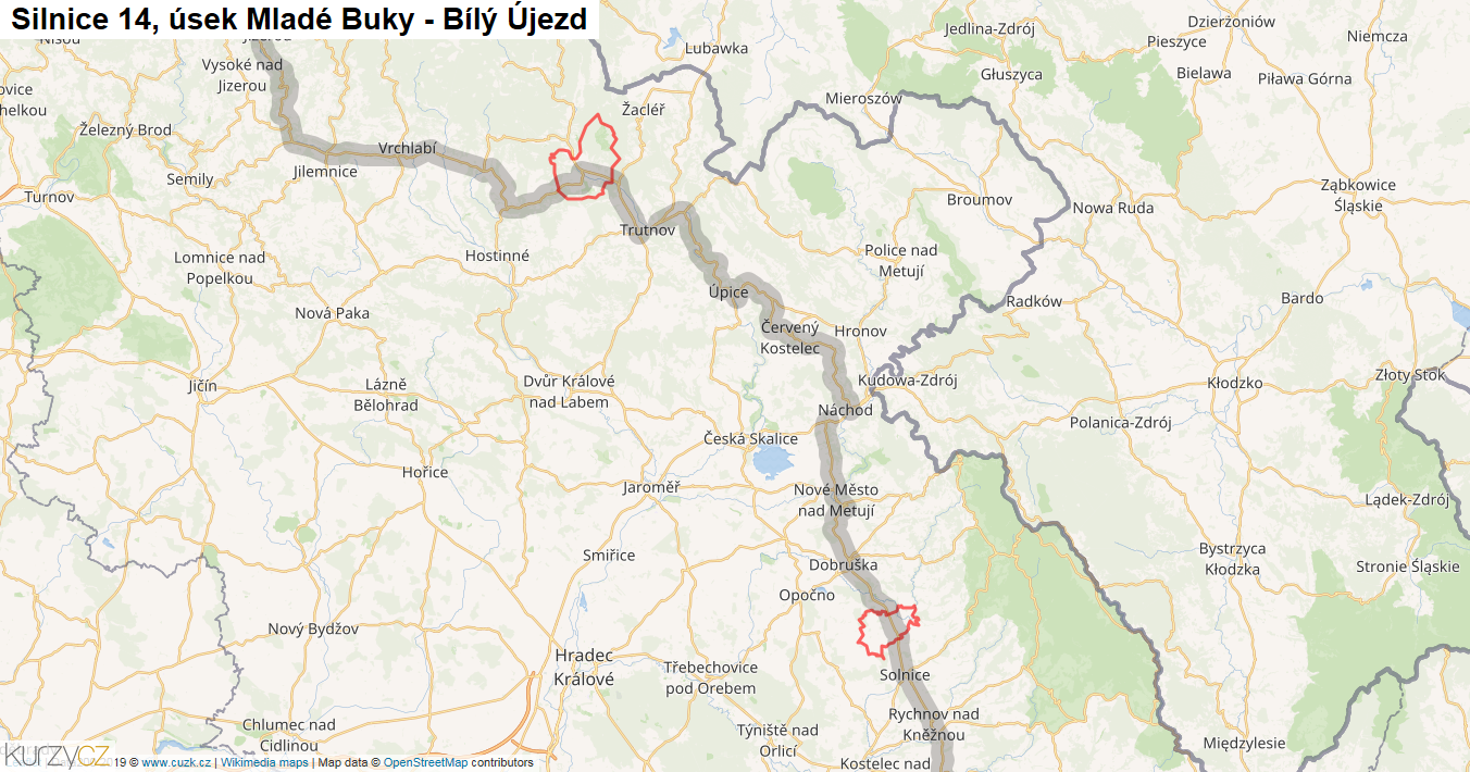 Úsek Mladé Buky - Bílý Újezd, Silnice 14 - Mapa