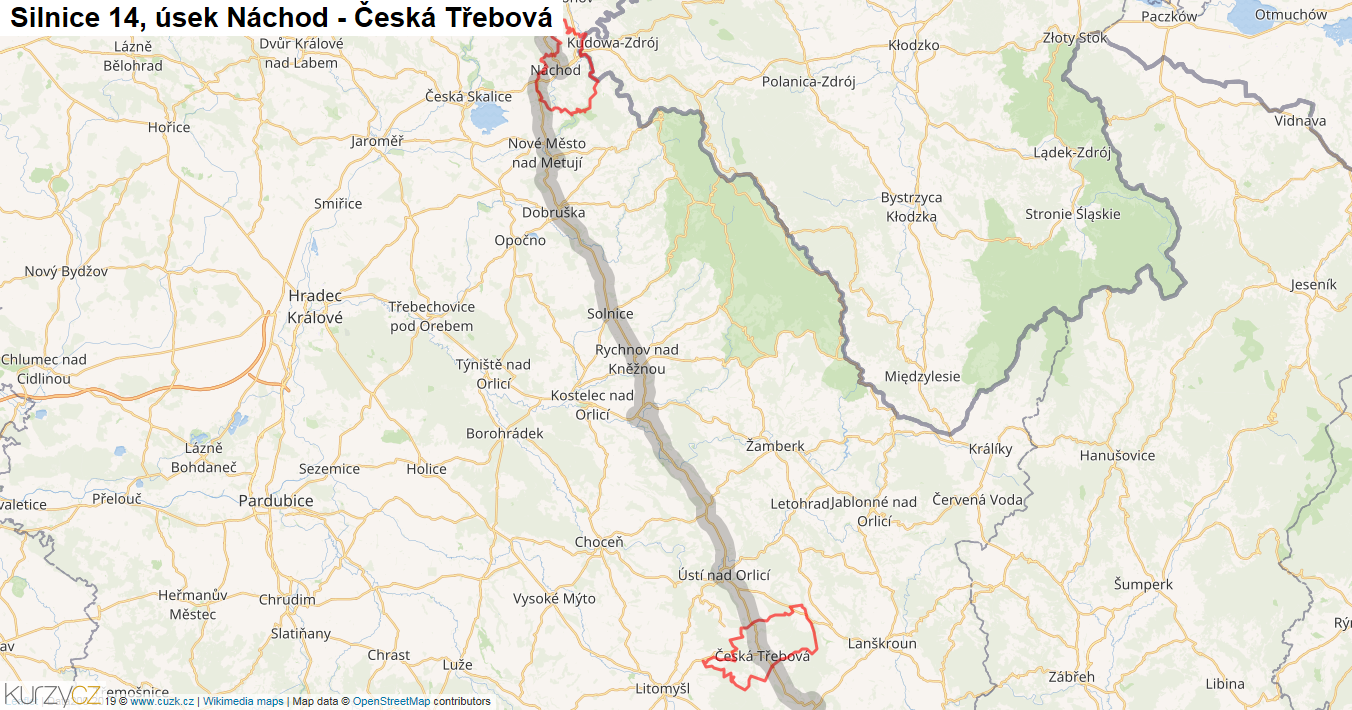 Úsek Náchod - Česká Třebová, Silnice 14 - Mapa