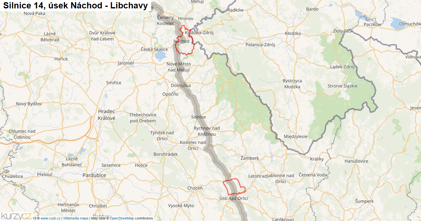 Úsek Náchod - Libchavy, Silnice 14 - Mapa