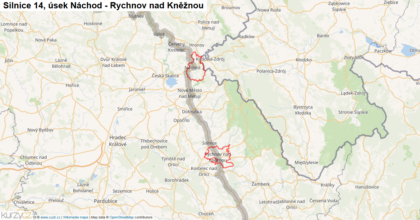 Úsek Náchod - Rychnov nad Kněžnou, Silnice 14 - Mapa