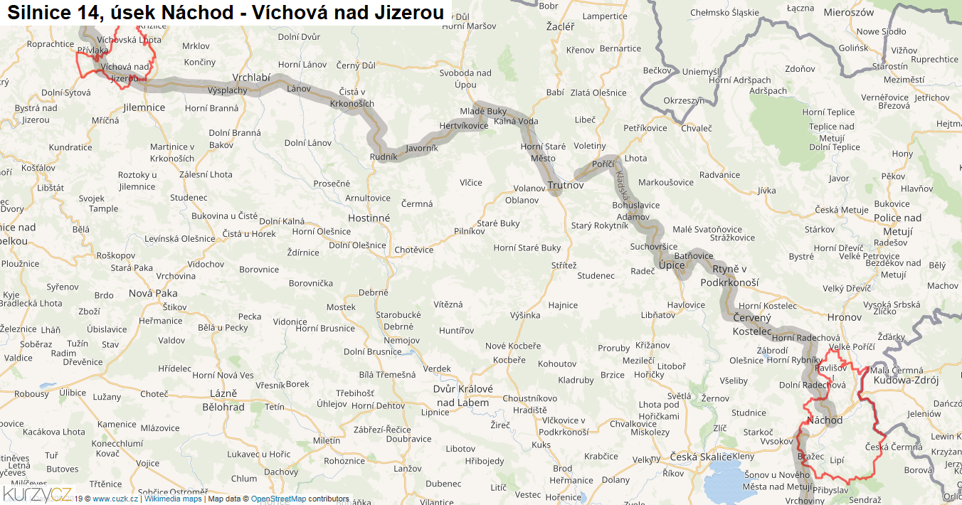 Úsek Náchod - Víchová nad Jizerou, Silnice 14 - Mapa