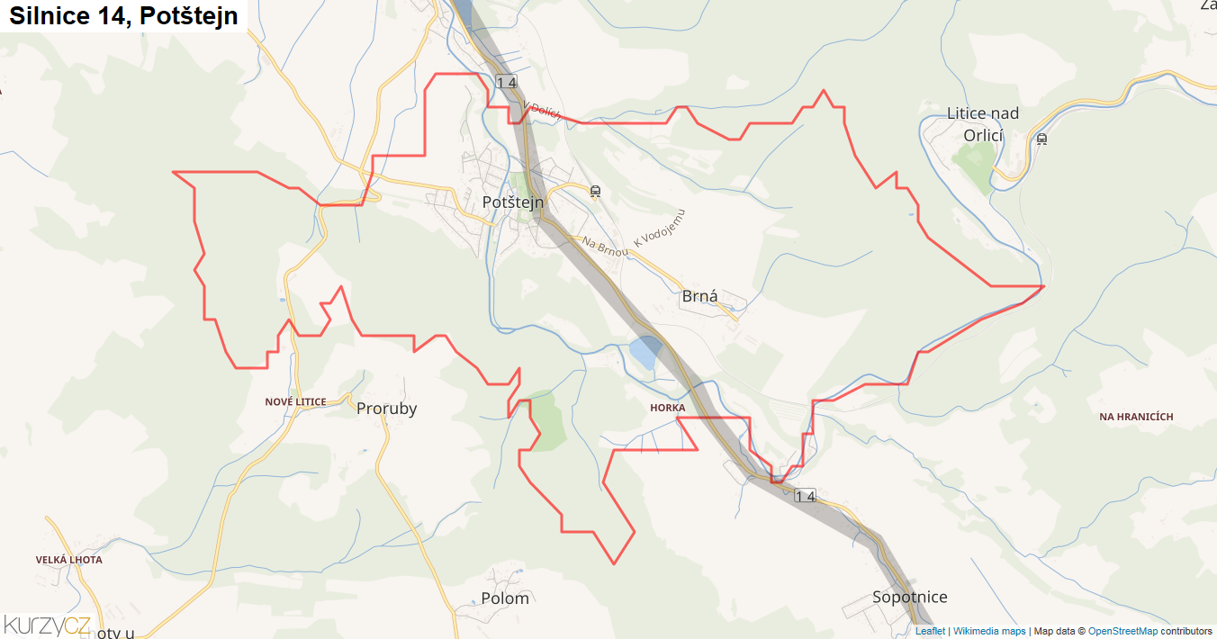 Potštejn, Silnice 14 - Mapa