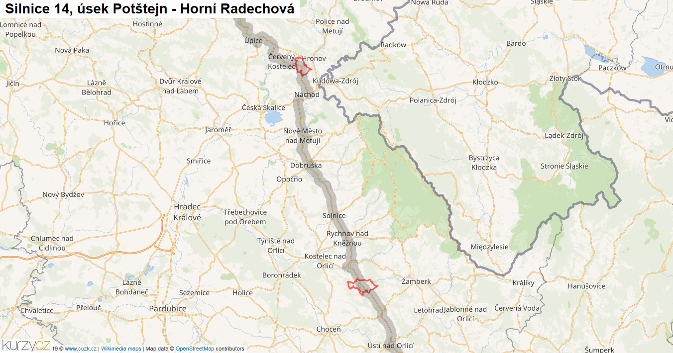 Úsek Potštejn - Horní Radechová, Silnice 14 - Mapa