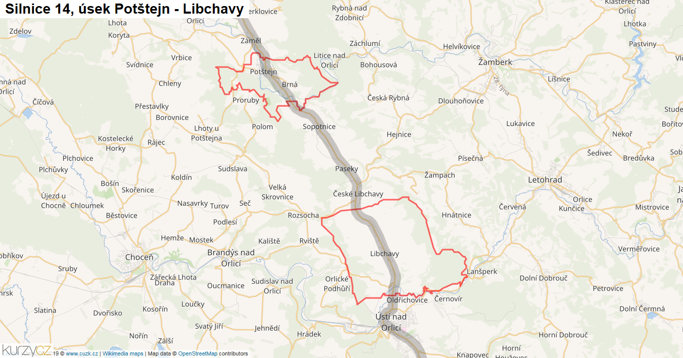 Úsek Potštejn - Libchavy, Silnice 14 - Mapa
