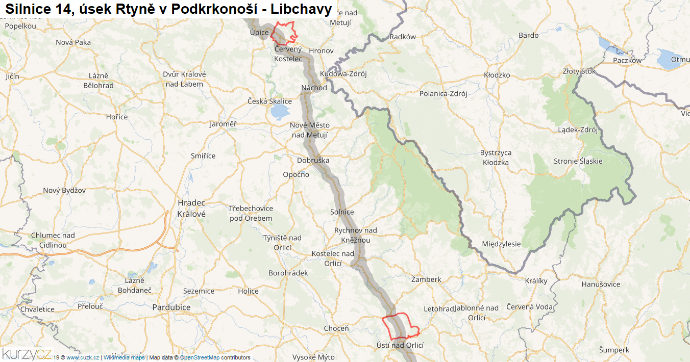 Úsek Rtyně v Podkrkonoší - Libchavy, Silnice 14 - Mapa
