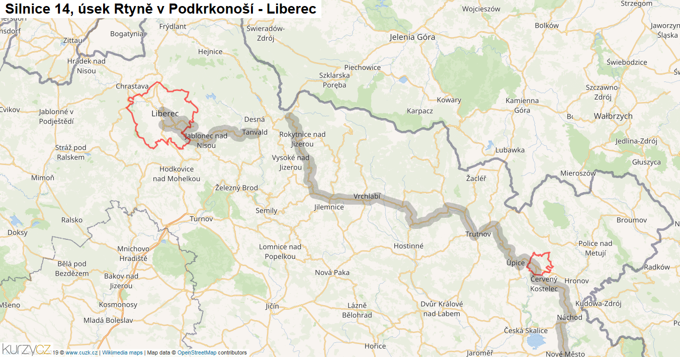 Úsek Rtyně v Podkrkonoší - Liberec, Silnice 14 - Mapa