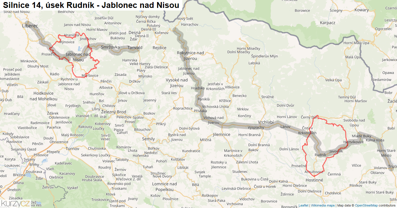 Úsek Rudník - Jablonec nad Nisou, Silnice 14 - Mapa