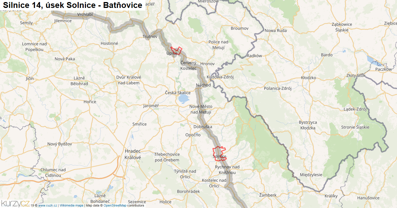 Úsek Solnice - Batňovice, Silnice 14 - Mapa