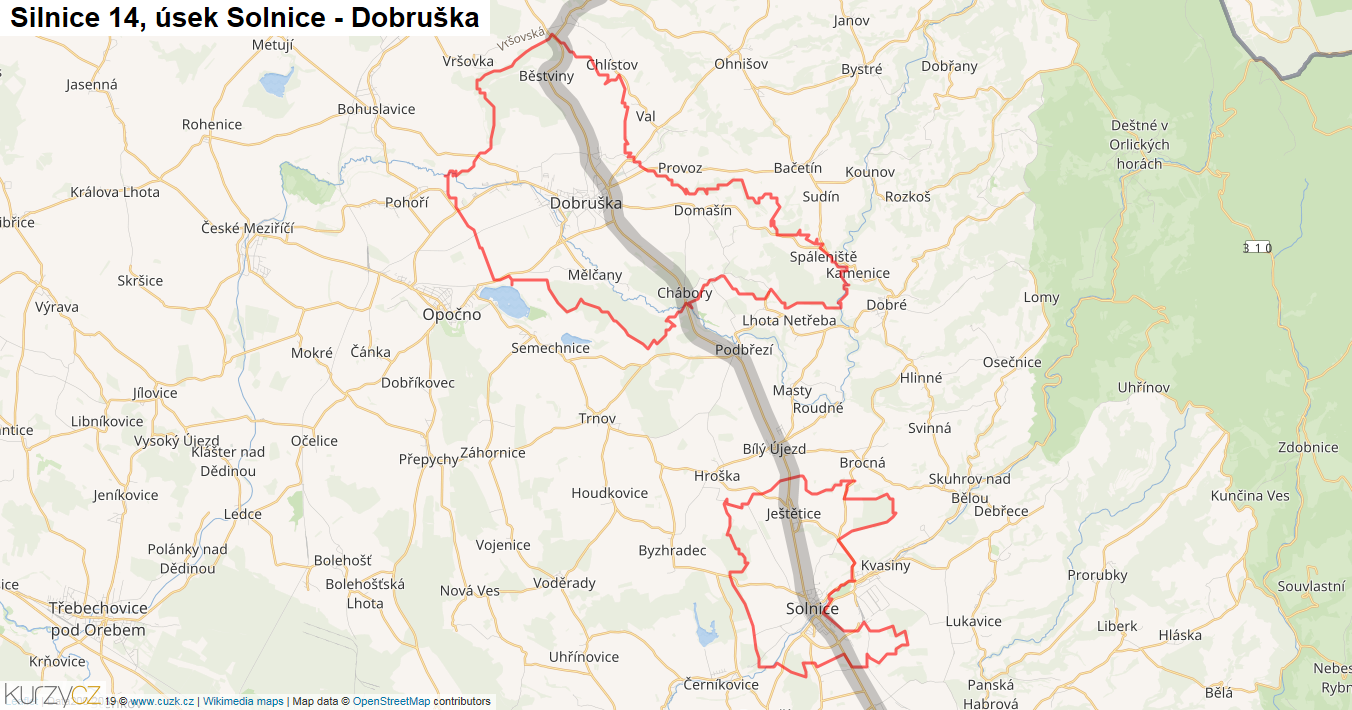 Úsek Solnice - Dobruška, Silnice 14 - Mapa