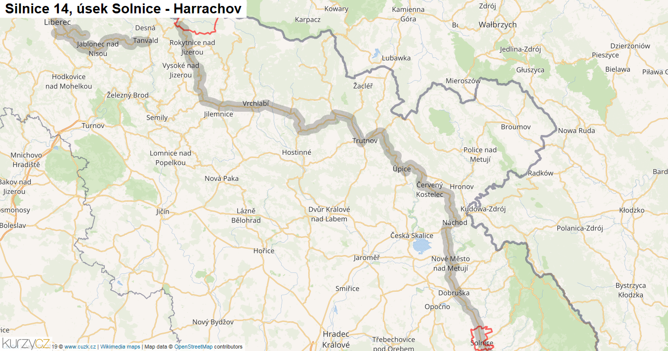 Úsek Solnice - Harrachov, Silnice 14 - Mapa
