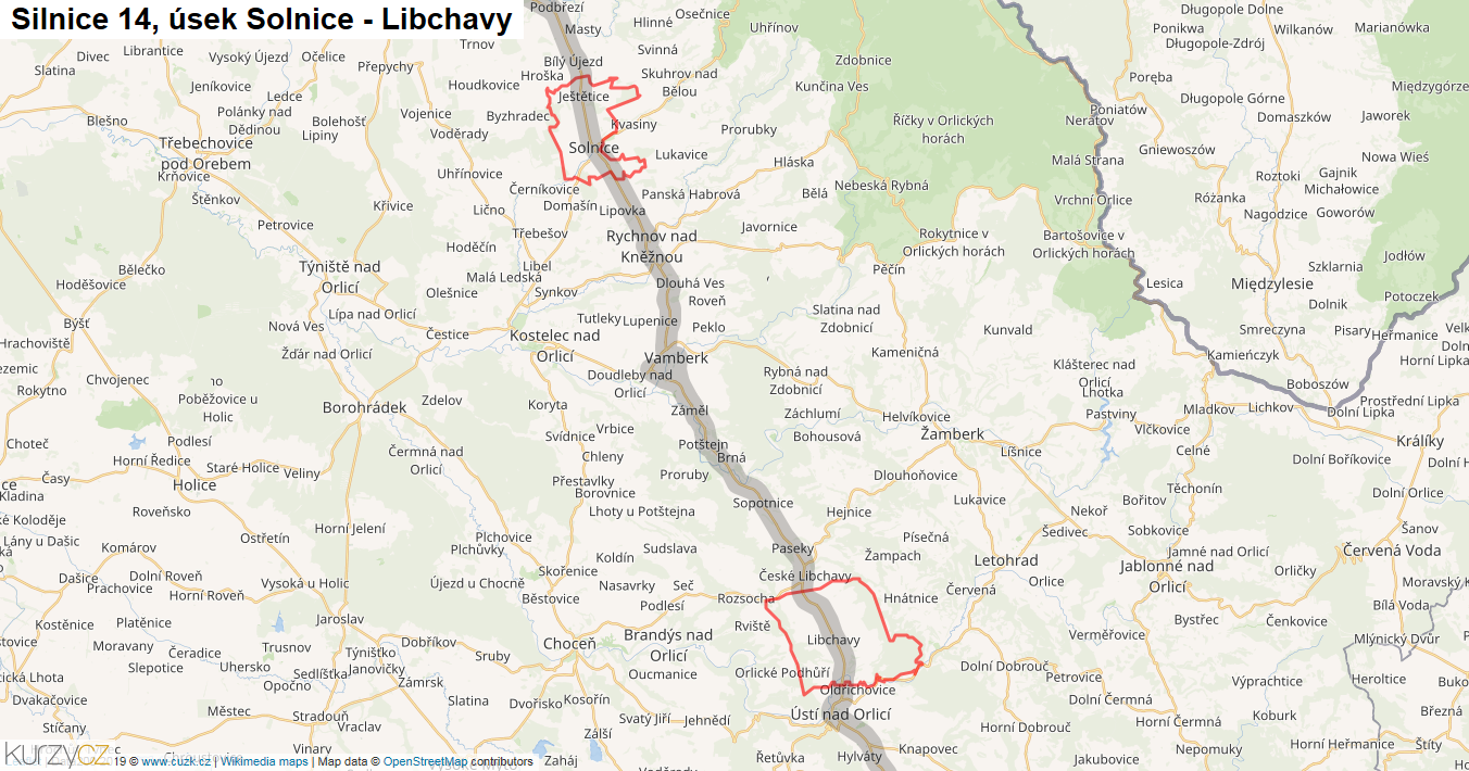 Úsek Solnice - Libchavy, Silnice 14 - Mapa