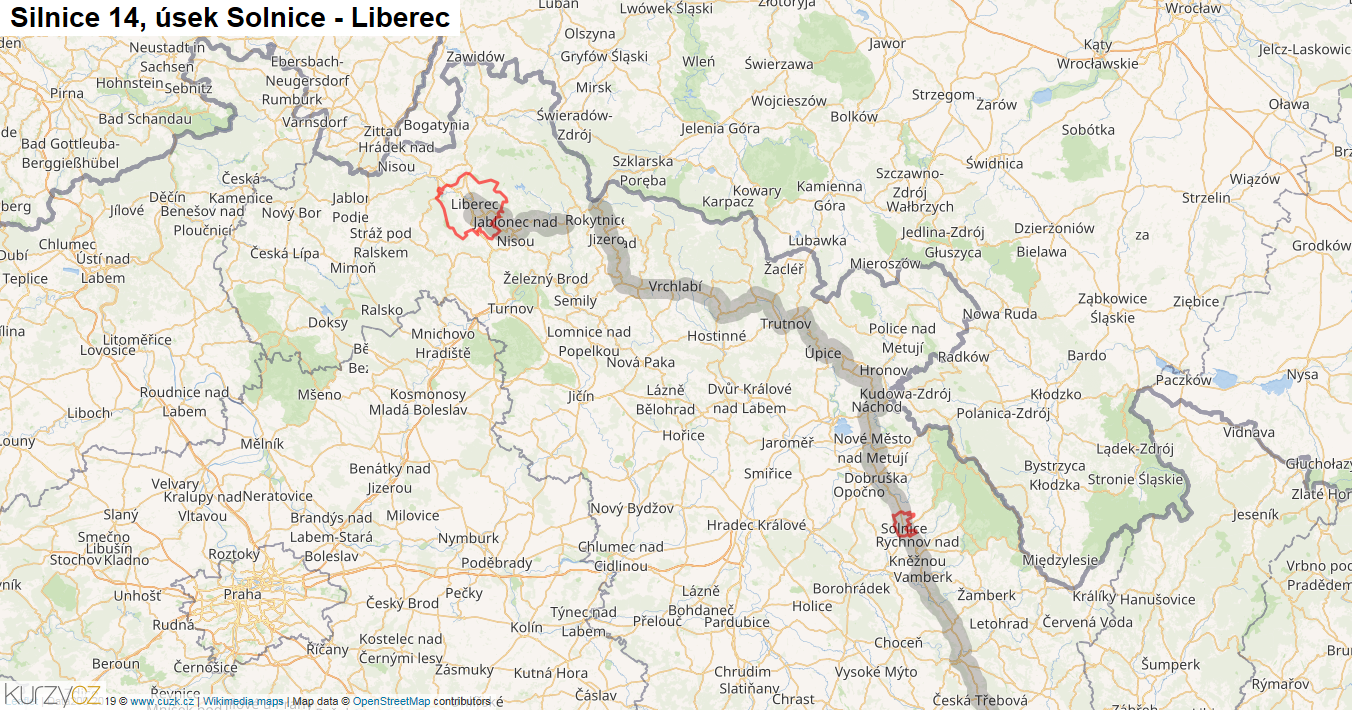 Úsek Solnice - Liberec, Silnice 14 - Mapa