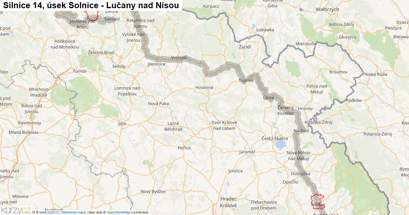 Úsek Solnice - Lučany nad Nisou, Silnice 14 - Mapa