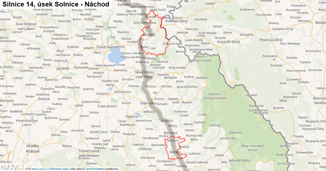 Úsek Solnice - Náchod, Silnice 14 - Mapa