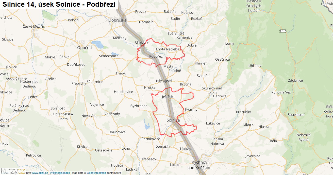 Úsek Solnice - Podbřezí, Silnice 14 - Mapa