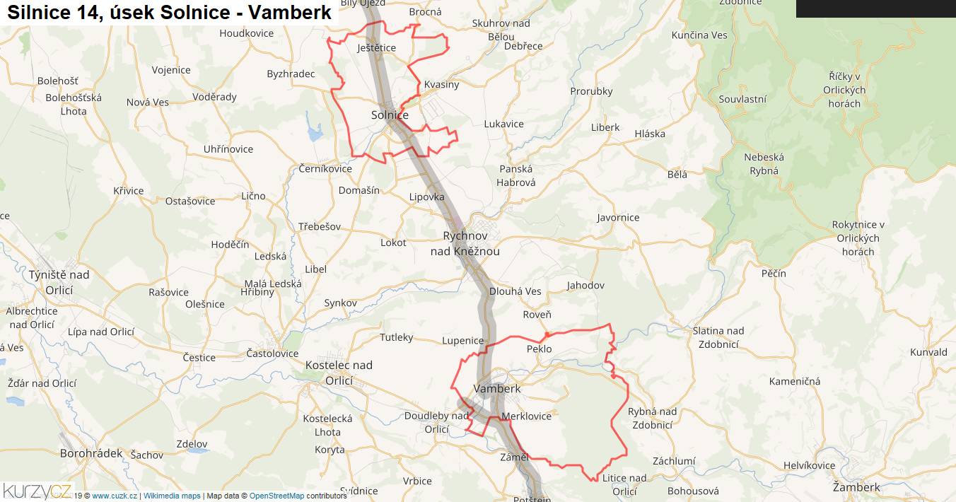 Úsek Solnice - Vamberk, Silnice 14 - Mapa