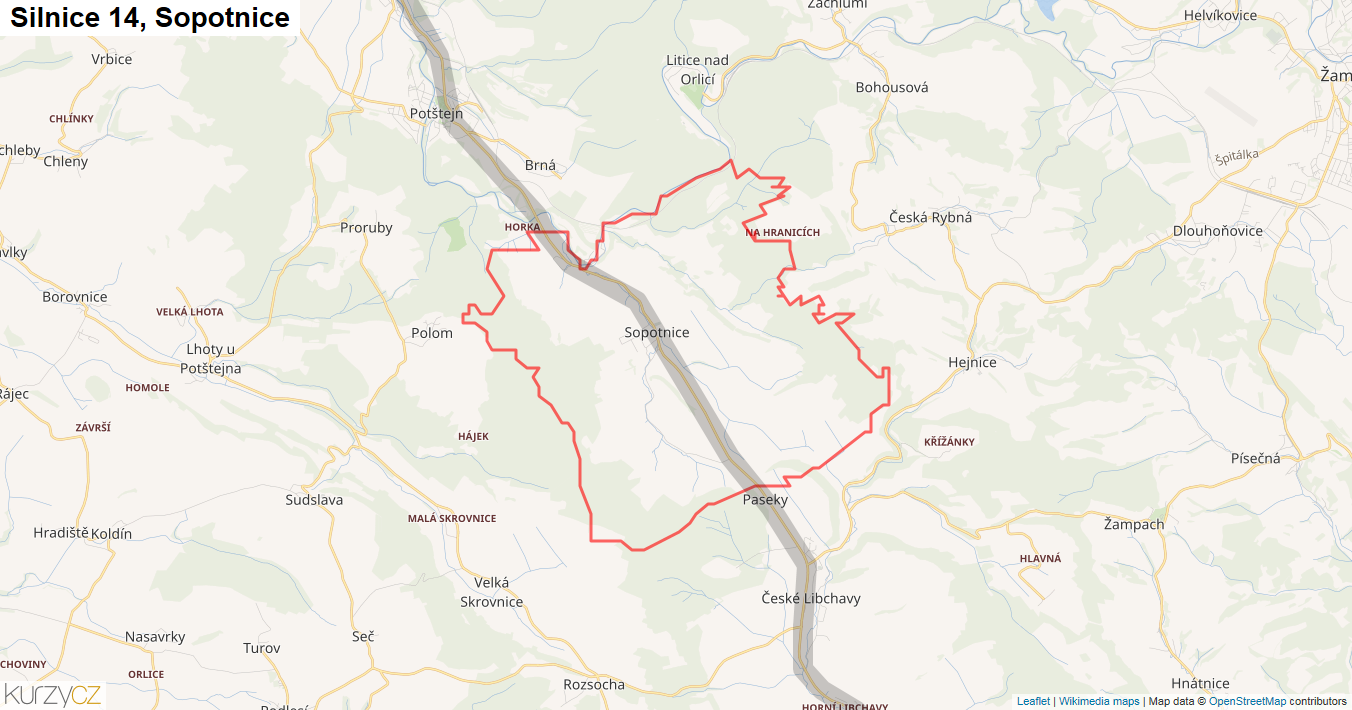 Sopotnice, Silnice 14 - Mapa
