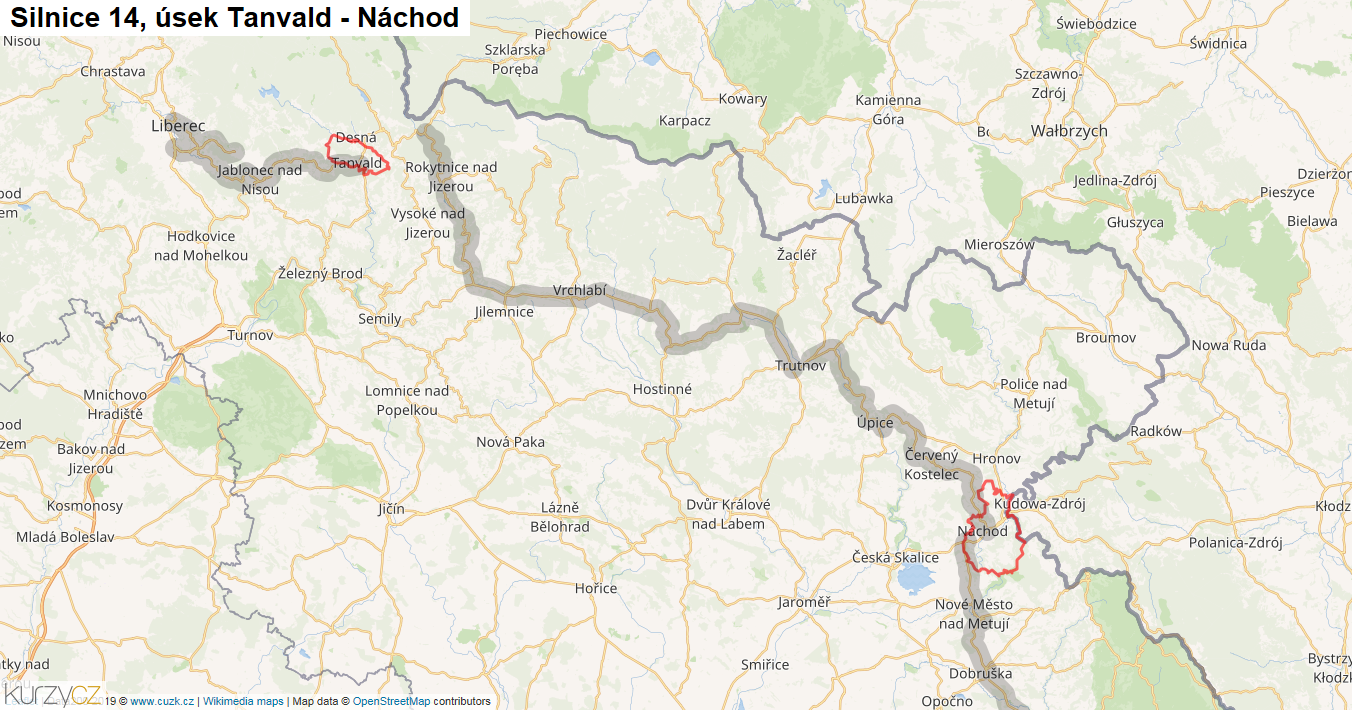 Úsek Tanvald - Náchod, Silnice 14 - Mapa