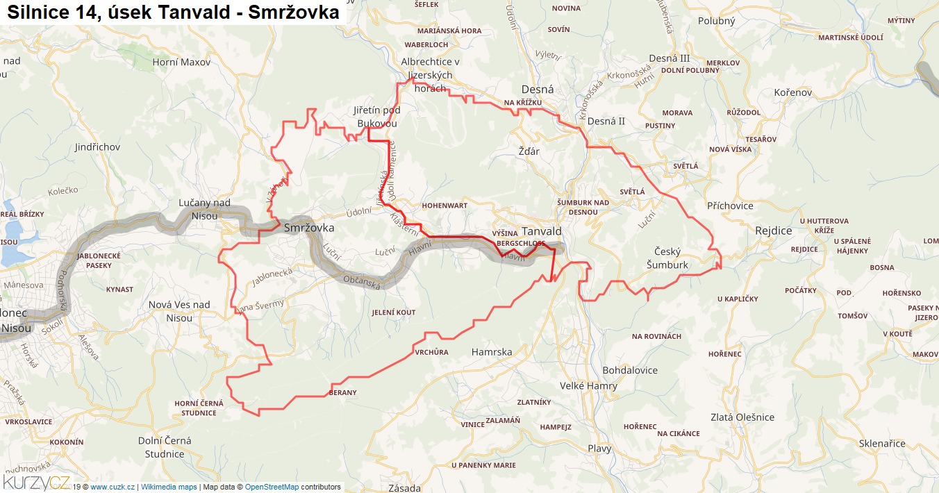 Úsek Tanvald - Smržovka, Silnice 14 - Mapa