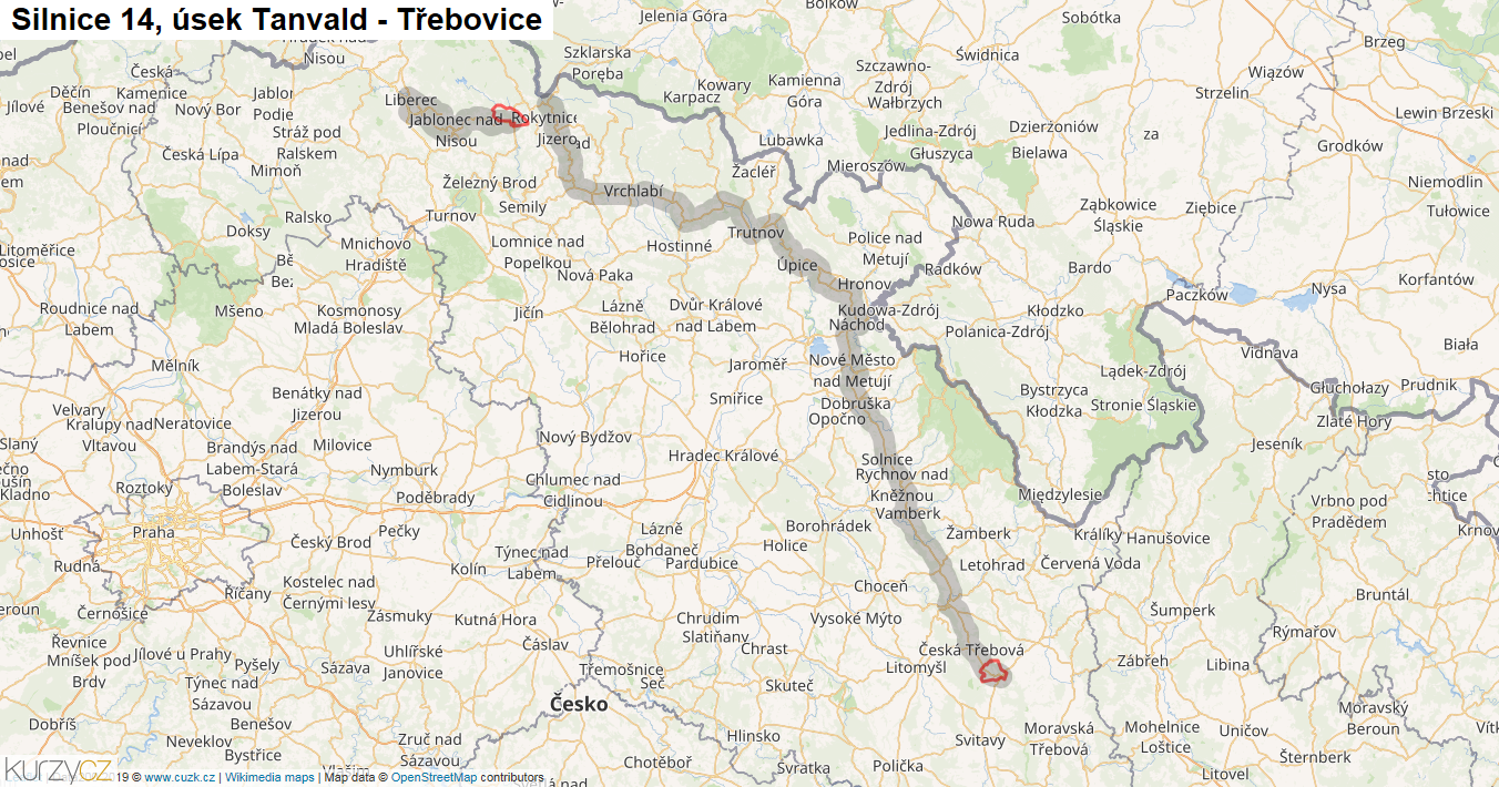 Úsek Tanvald - Třebovice, Silnice 14 - Mapa