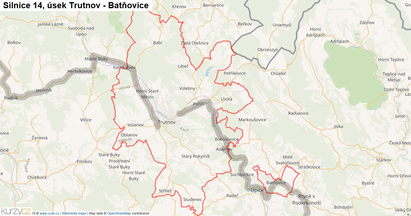 Úsek Trutnov - Batňovice, Silnice 14 - Mapa