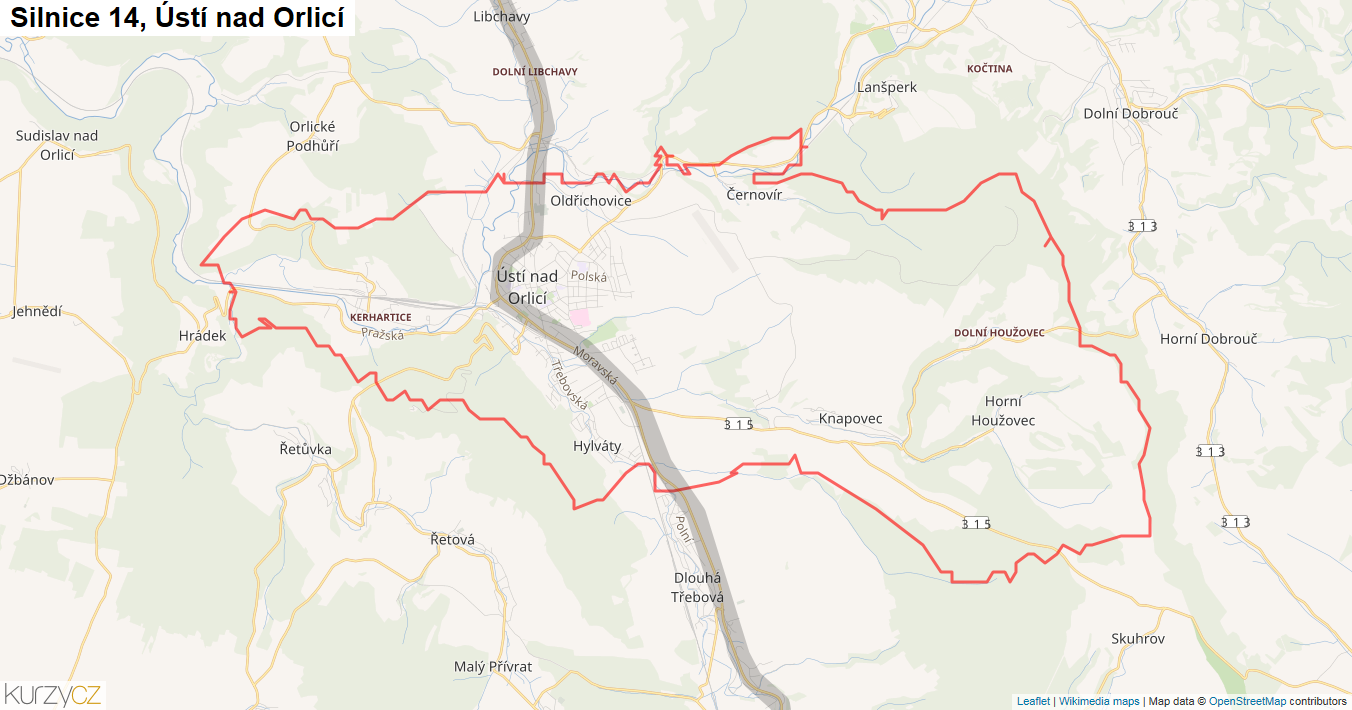 Ústí nad Orlicí, Silnice 14 - Mapa