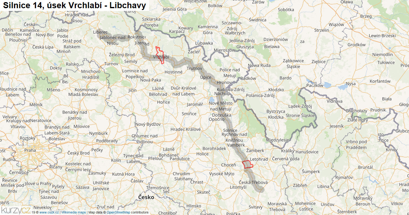 Úsek Vrchlabí - Libchavy, Silnice 14 - Mapa