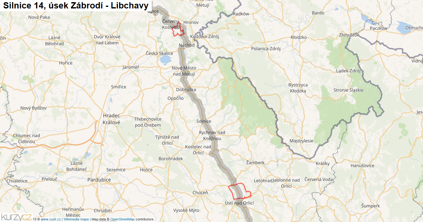 Úsek Zábrodí - Libchavy, Silnice 14 - Mapa
