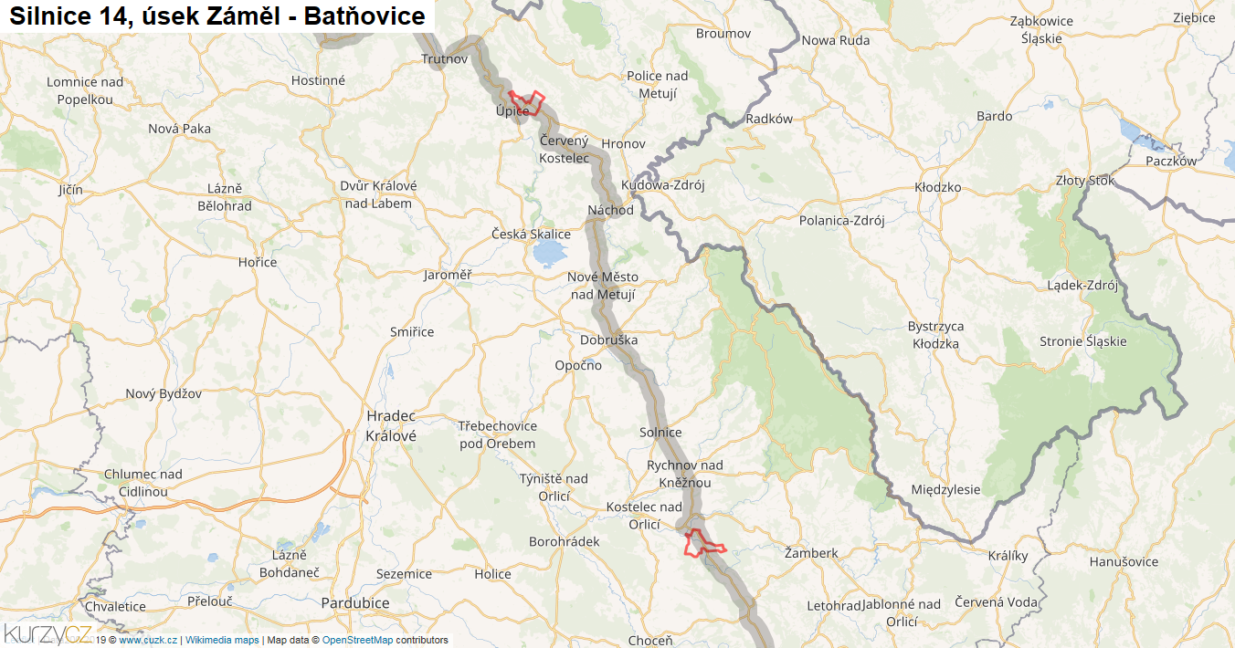Úsek Záměl - Batňovice, Silnice 14 - Mapa