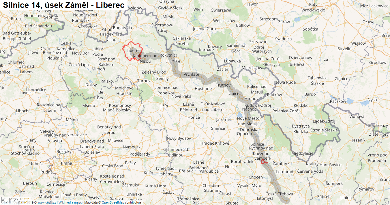 Úsek Záměl - Liberec, Silnice 14 - Mapa
