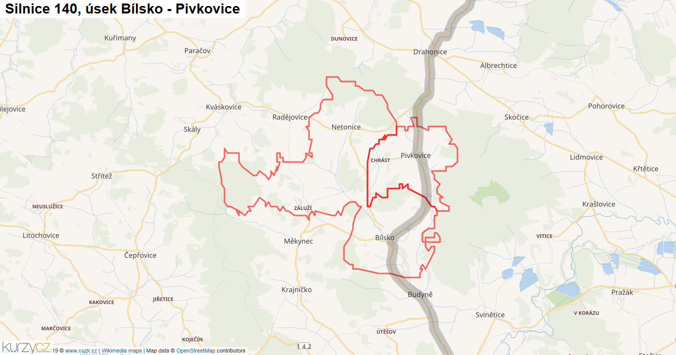 Úsek Bílsko - Pivkovice, Silnice 140 - Mapa