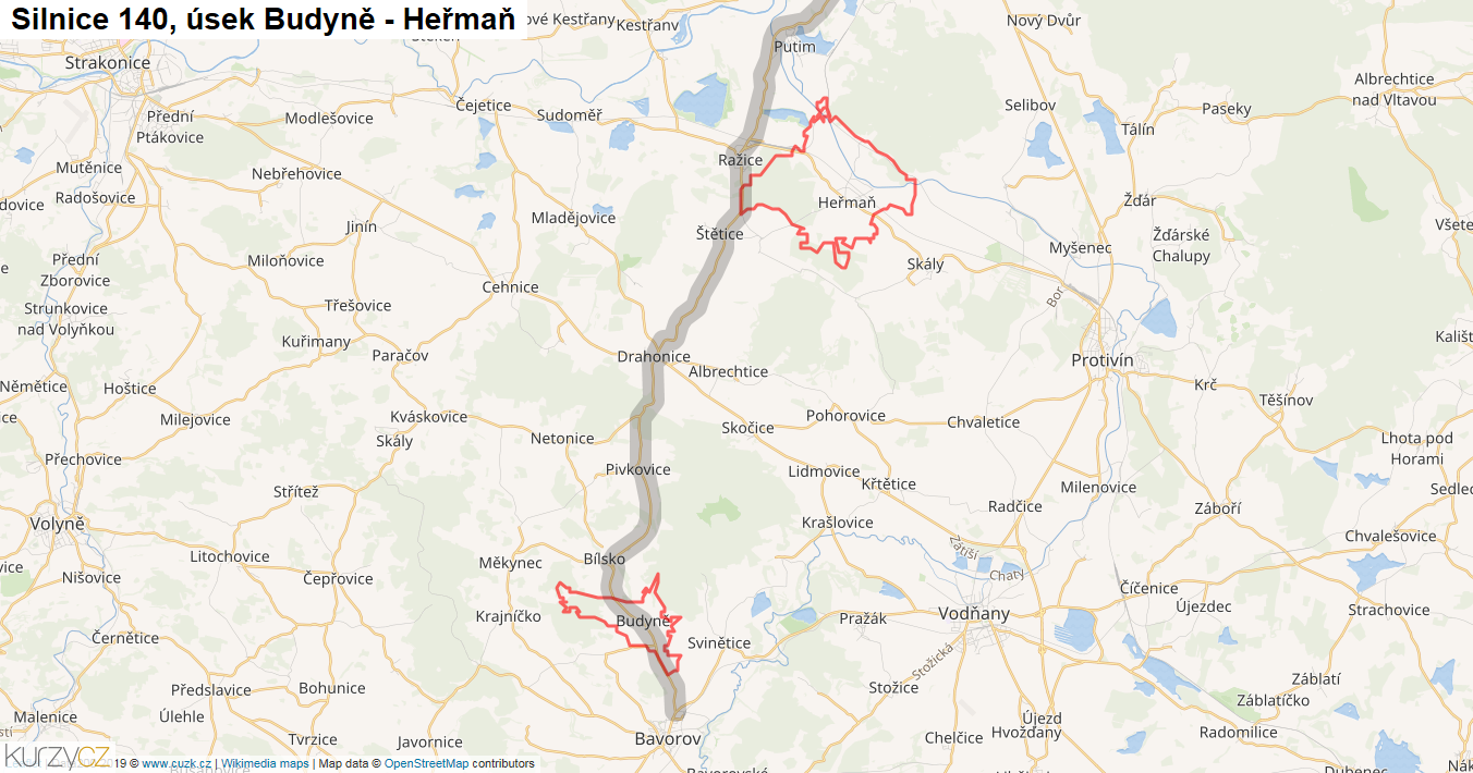 Úsek Budyně - Heřmaň, Silnice 140 - Mapa