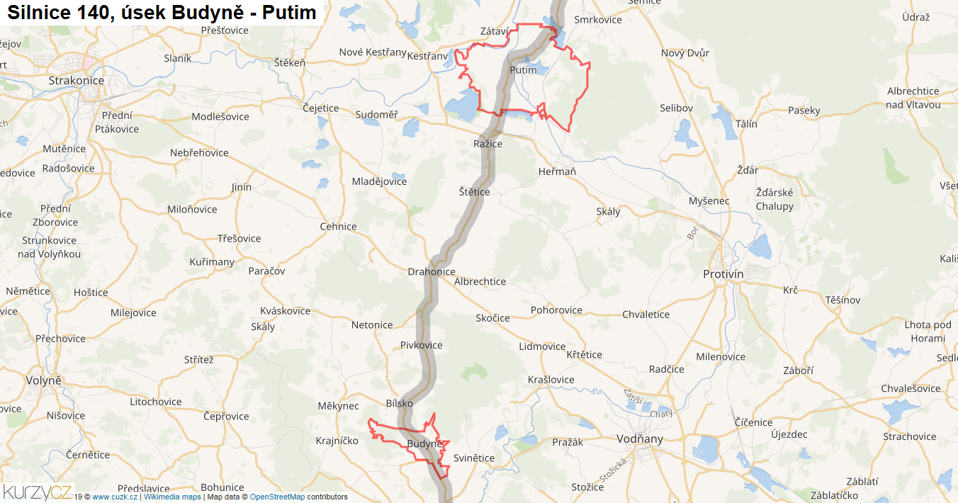 Úsek Budyně - Putim, Silnice 140 - Mapa