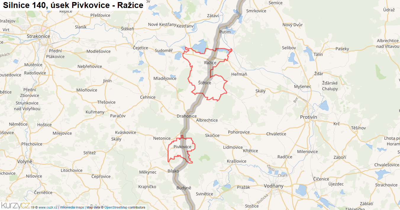 Úsek Pivkovice - Ražice, Silnice 140 - Mapa
