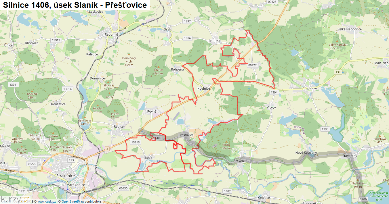Úsek Slaník - Přešťovice, Silnice 1406 - Mapa