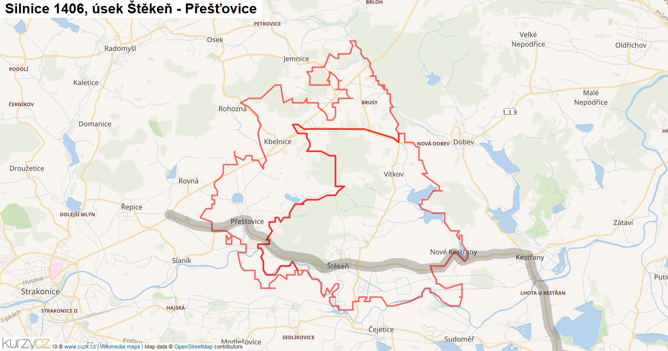 Úsek Štěkeň - Přešťovice, Silnice 1406 - Mapa