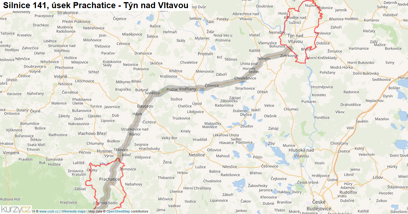 Úsek Prachatice - Týn nad Vltavou, Silnice 141 - Mapa