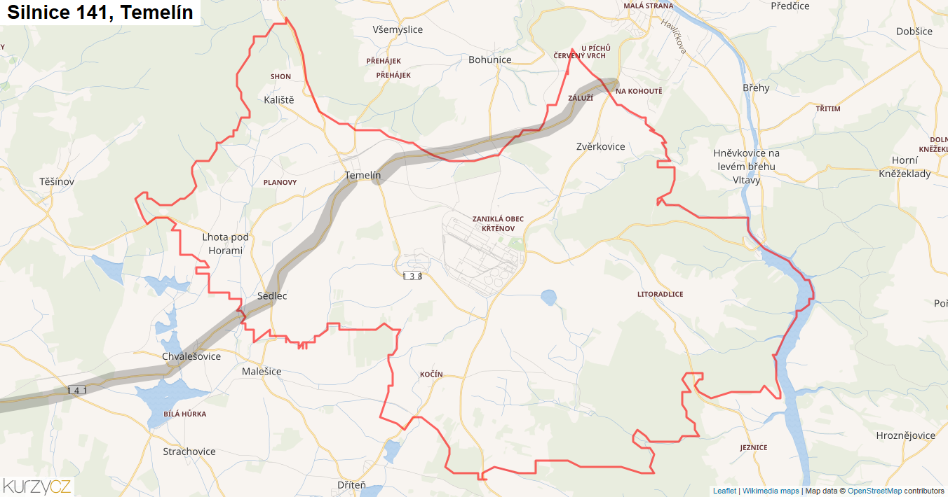 Temelín, Silnice 141 - Mapa